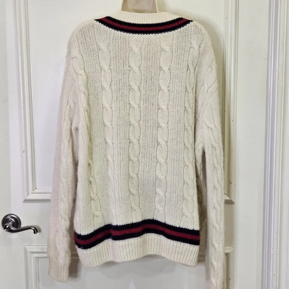 Brandy Melville NIKKI Cream/Red/Navy Cable Knit Oversized Wool Sweater,One Size - Picture 3 of 16